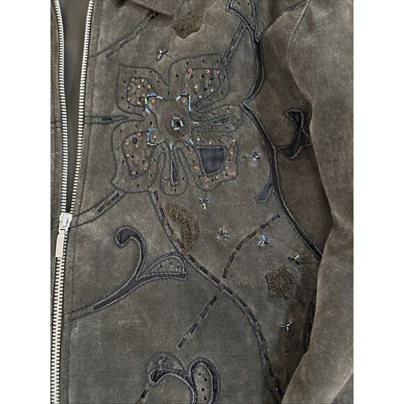 Chico's WOMENS Brown Leather Embroidered Lined Full Zip Coat Jacket SIZE 3 - Picture 5 of 6